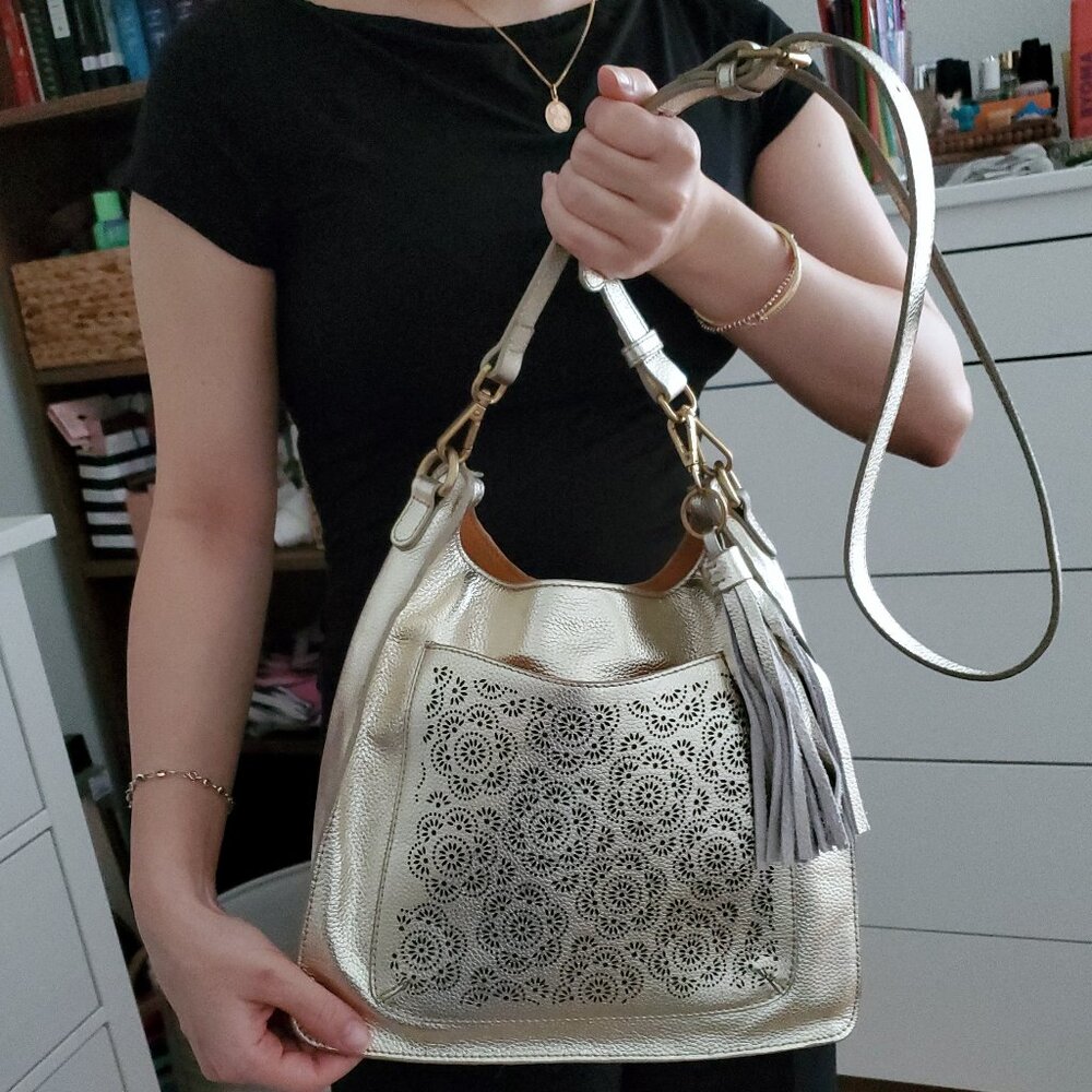 J.W. Hulme Metallic Gold Leather Floral Crossbody Saddle Bag w/ Tassel